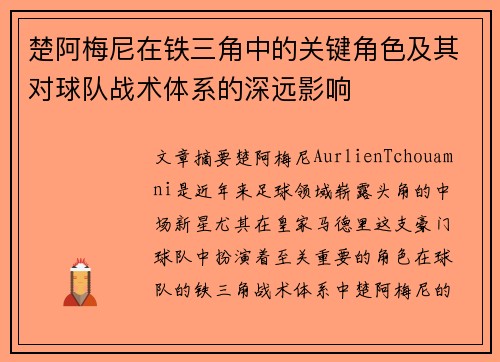 楚阿梅尼在铁三角中的关键角色及其对球队战术体系的深远影响