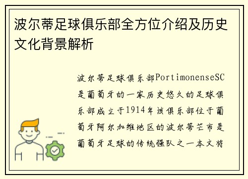 波尔蒂足球俱乐部全方位介绍及历史文化背景解析