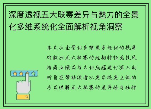 深度透视五大联赛差异与魅力的全景化多维系统化全面解析视角洞察 深度透视五大联赛差异与魅力的全景化多维系统化全面解析视角洞察
