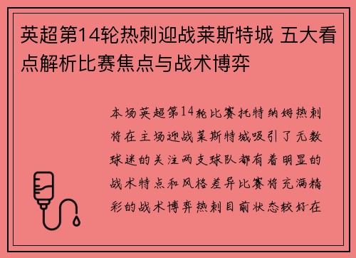 英超第14轮热刺迎战莱斯特城 五大看点解析比赛焦点与战术博弈