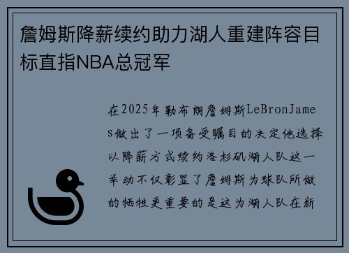 詹姆斯降薪续约助力湖人重建阵容目标直指NBA总冠军