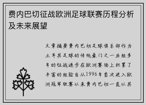 费内巴切征战欧洲足球联赛历程分析及未来展望